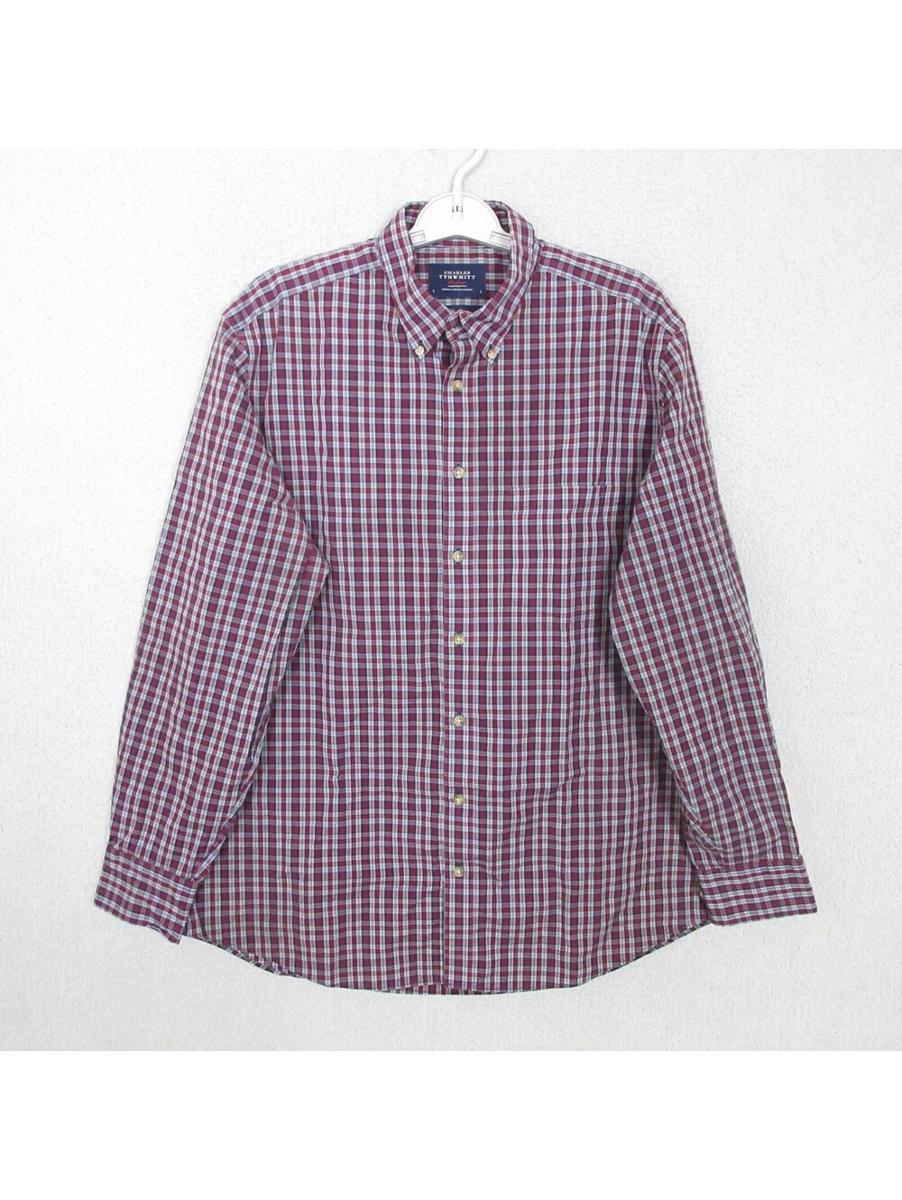 Charles Tyrwhitt Dress Shirt Mens Large Blue Red Plaid Classic Fit No Iron